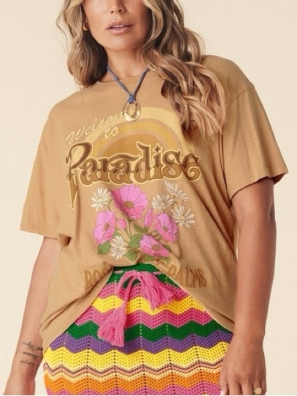 Spell Casa Love "Welcome to Paradise" Biker Tee in Sandstone